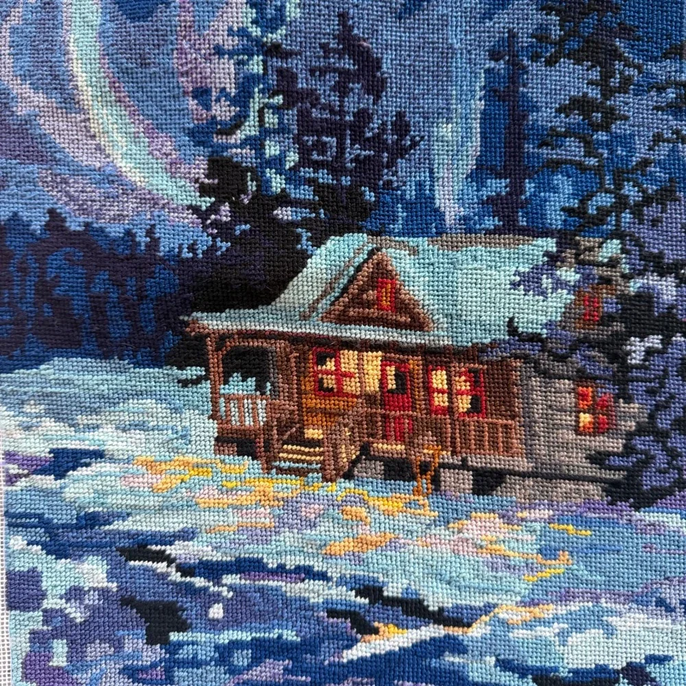 Needlepoint Northern Lights Winter Cabin Finished Handmade Art 11 x 14